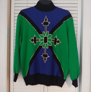 St John Sportswear Vintage Black/ Green/Blue Embellished Oversized Sweater.‎